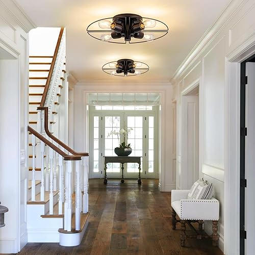 Miniatura 8 de Lámpara Sputnik de 4 Luces Negra de Montaje al Ras Luces de Techo Industrial de Madera 21" Luces de Techo Modernas Estilo Granja para Cocina Negro