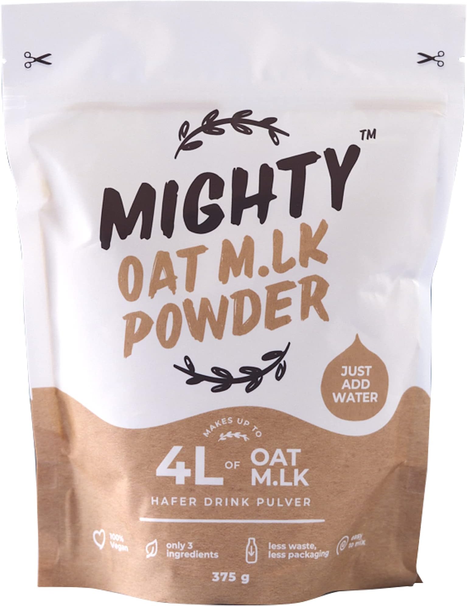 MIGHTY Oat Milk Powder, (375g Bag, Makes 4L of Oat M.lk), Vegan Coffee Creamer, Dairy Free, Lactose Free, Ideal for Camping, Travelling, Festivals
