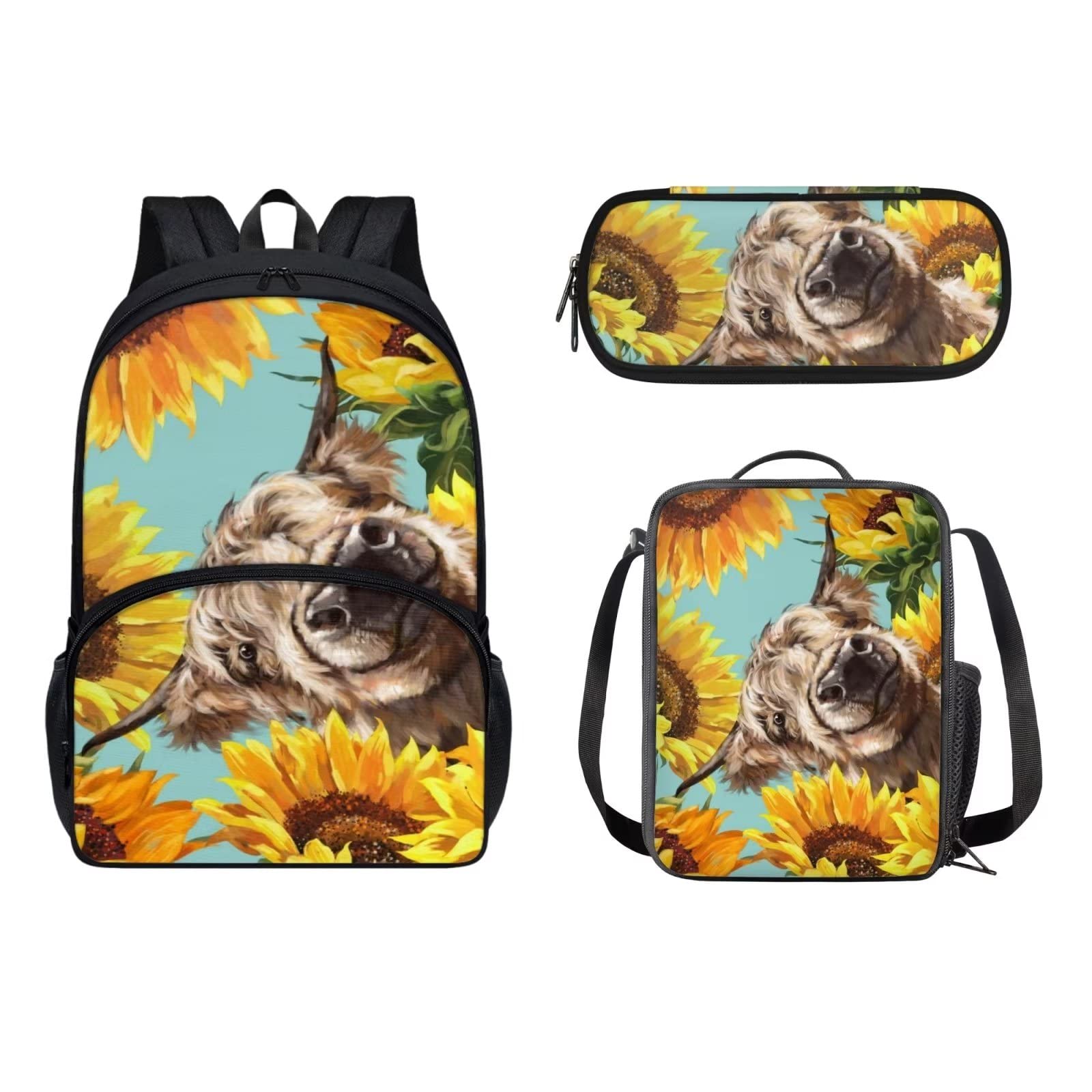 POLERO Mochila escolar de caballos para niños, juego de bolsas de almuerzo, estuche para lápices, 3 piezas, bolsas escolares, Vaca de girasol, Talla única, Mochila infantil