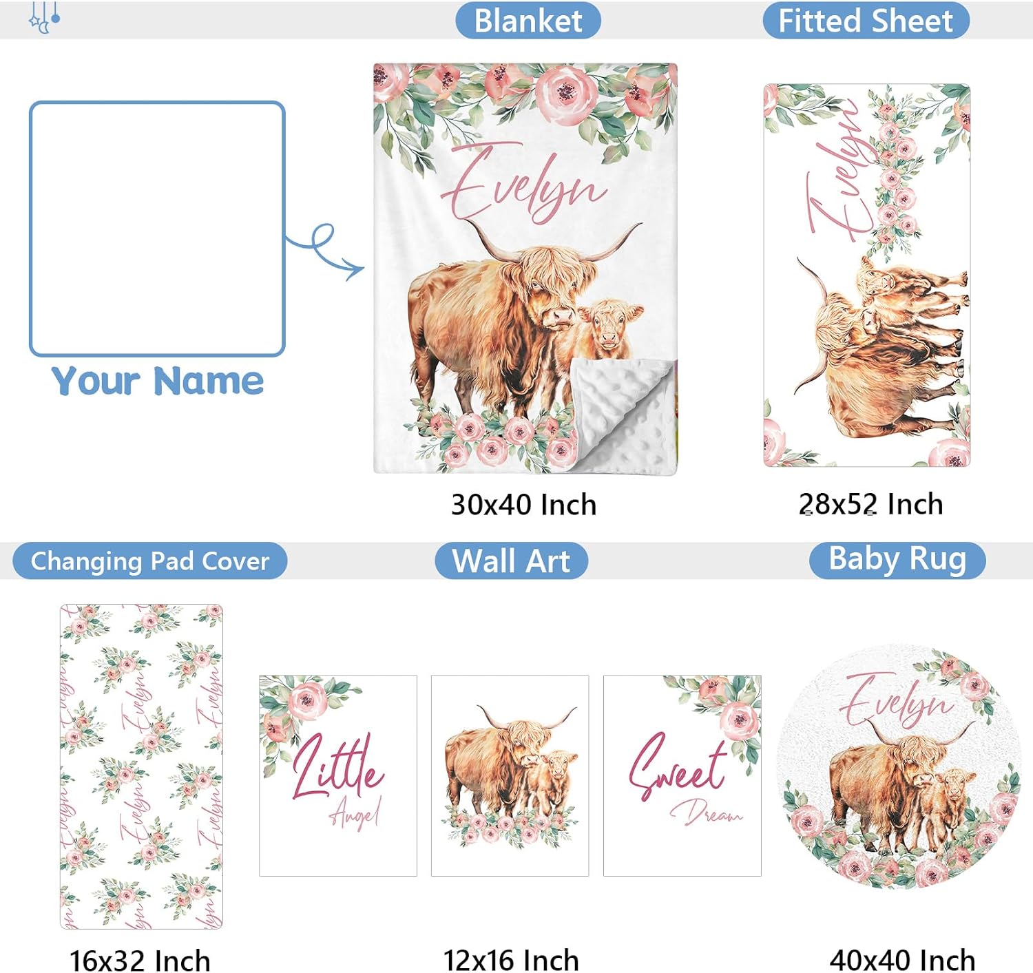 KAINSY Custom Crib Bedding Set 5 Piece for Girls Boys – Personalized Floral Highland Cow Theme, Newborn Sleep Set, Toddler Nursery Decor, Infant Sleep, Baby Room Accessories