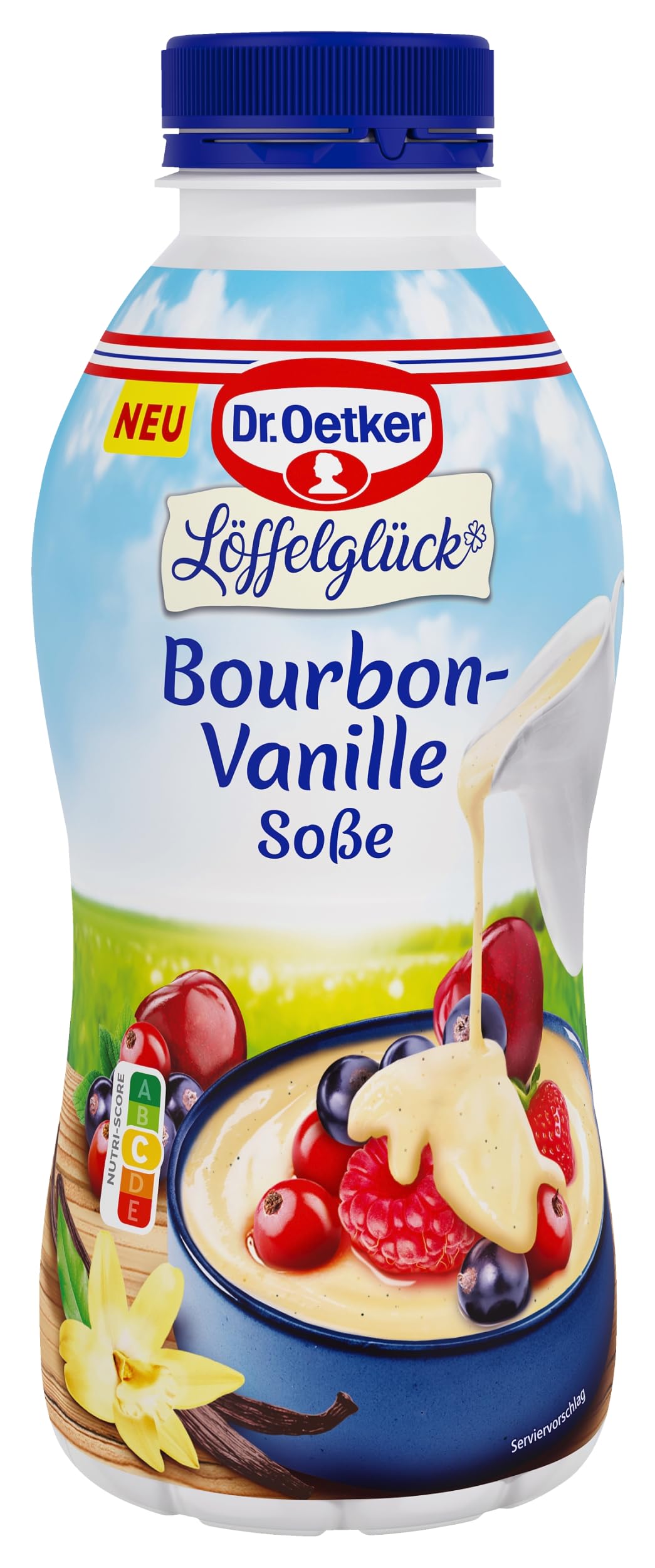 Dr. Oetker Bourbon-Vanille-Soße 500 ml ungekühlt, 10er Pack fertige Vanillesoße in der 500 ml Flasche, cremige Textur und feines Vanillearoma, Vanille-Dessert Soße ohne Kochen ist sofort servierfertig