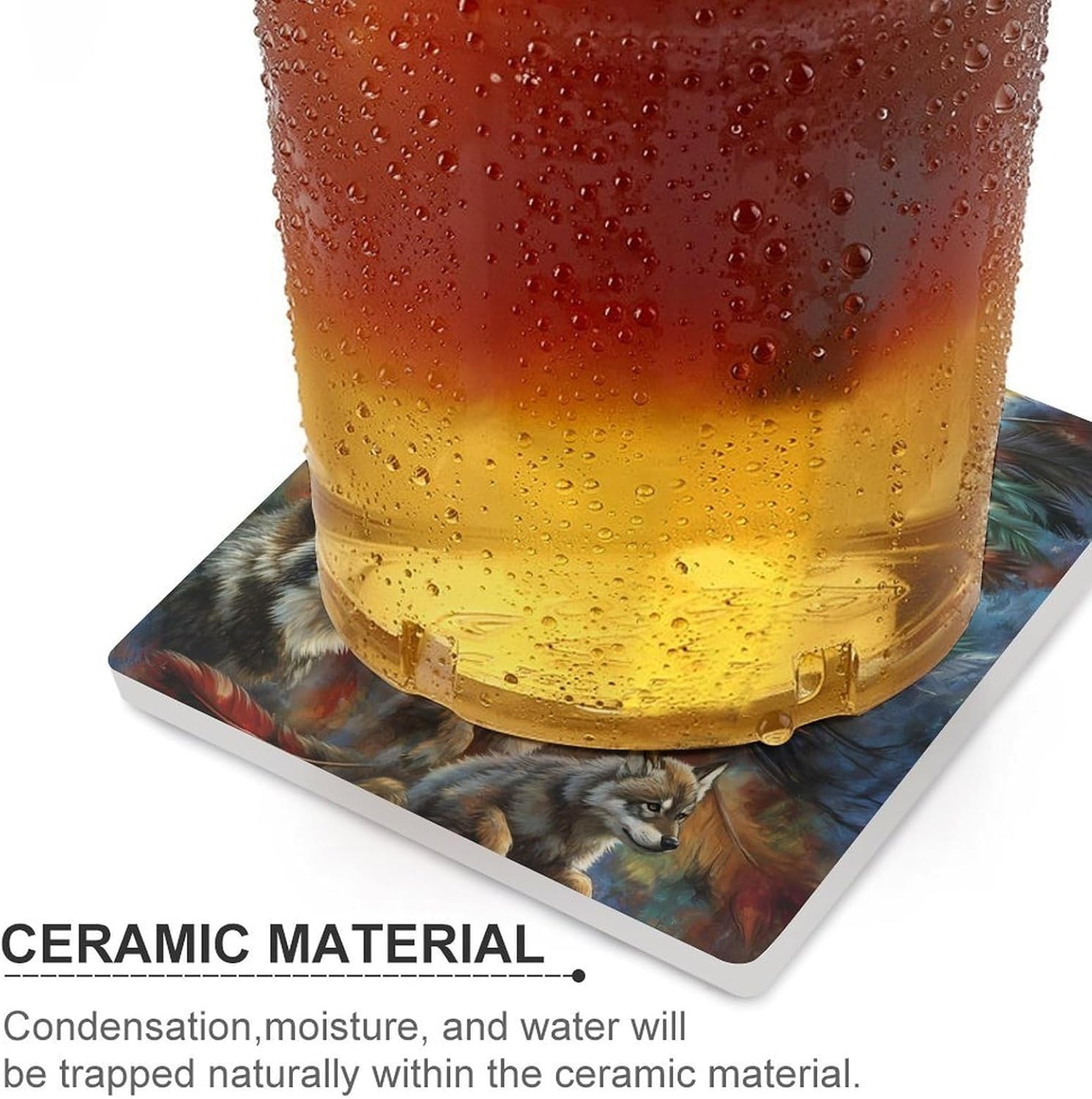 Native U.S.A. Woman Wolf Funny Ceramic Coasters for Drink Absorbent Cup Holders Tabletop Protection