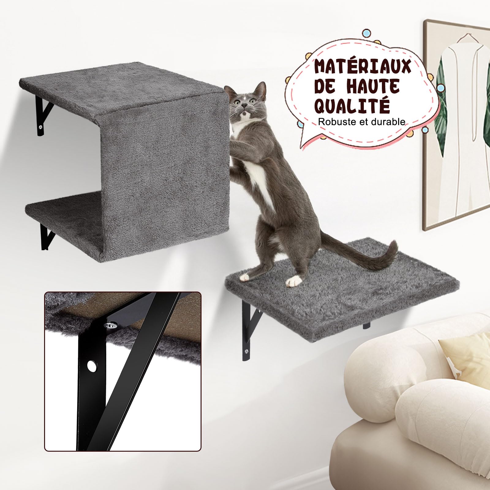 Masthome Étagère Murale pour Chat, Mur d'escalade pour avec Balle, 4 pièces Meubles Muraux pour Chat,Stable pour D'intérieur Jusqu'à 10 kg (Gris)