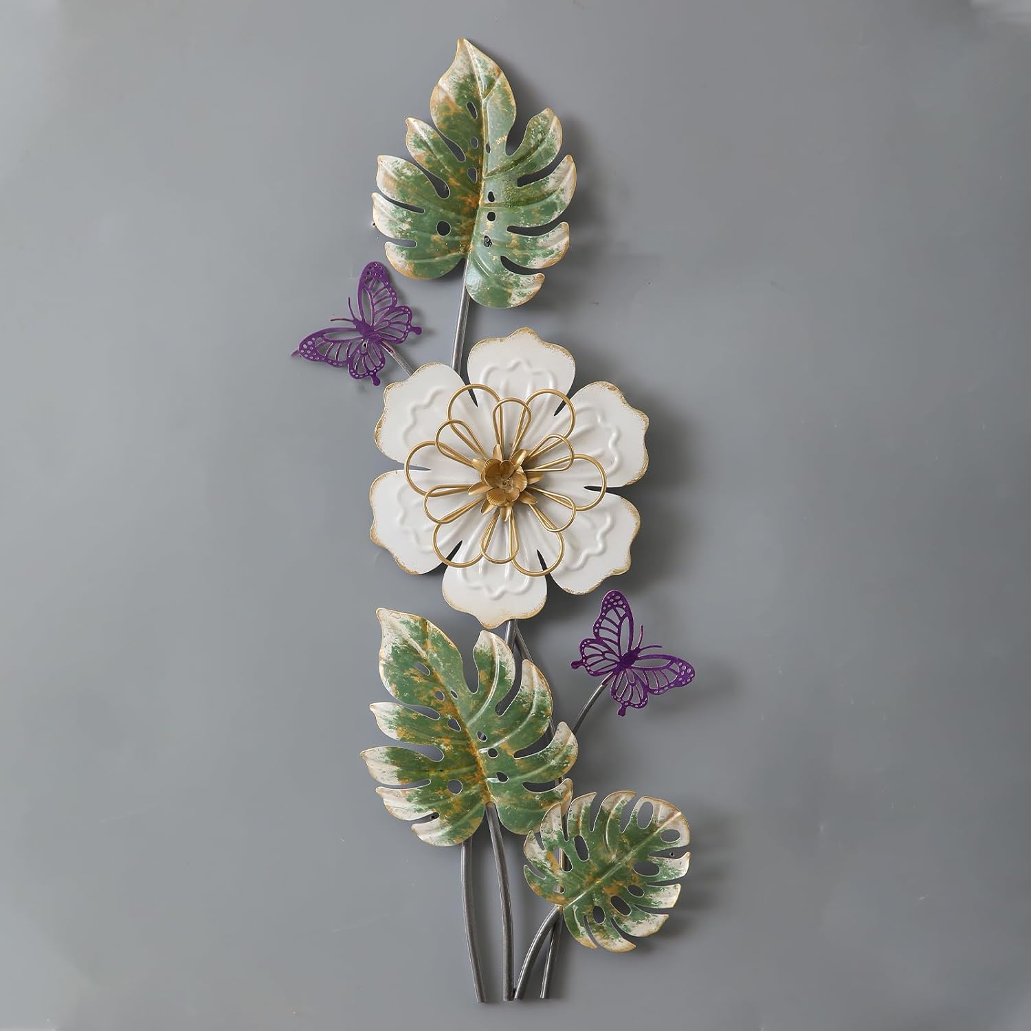 Sintosin Antique 3D Metal Flower Wall Decor 23 X 8 Inch, Hanging Metal Decorative Wall Art for Living Room, Vintage Leaves and Butterflies for Decoration Hallway Entryway Bedroom Dining Room