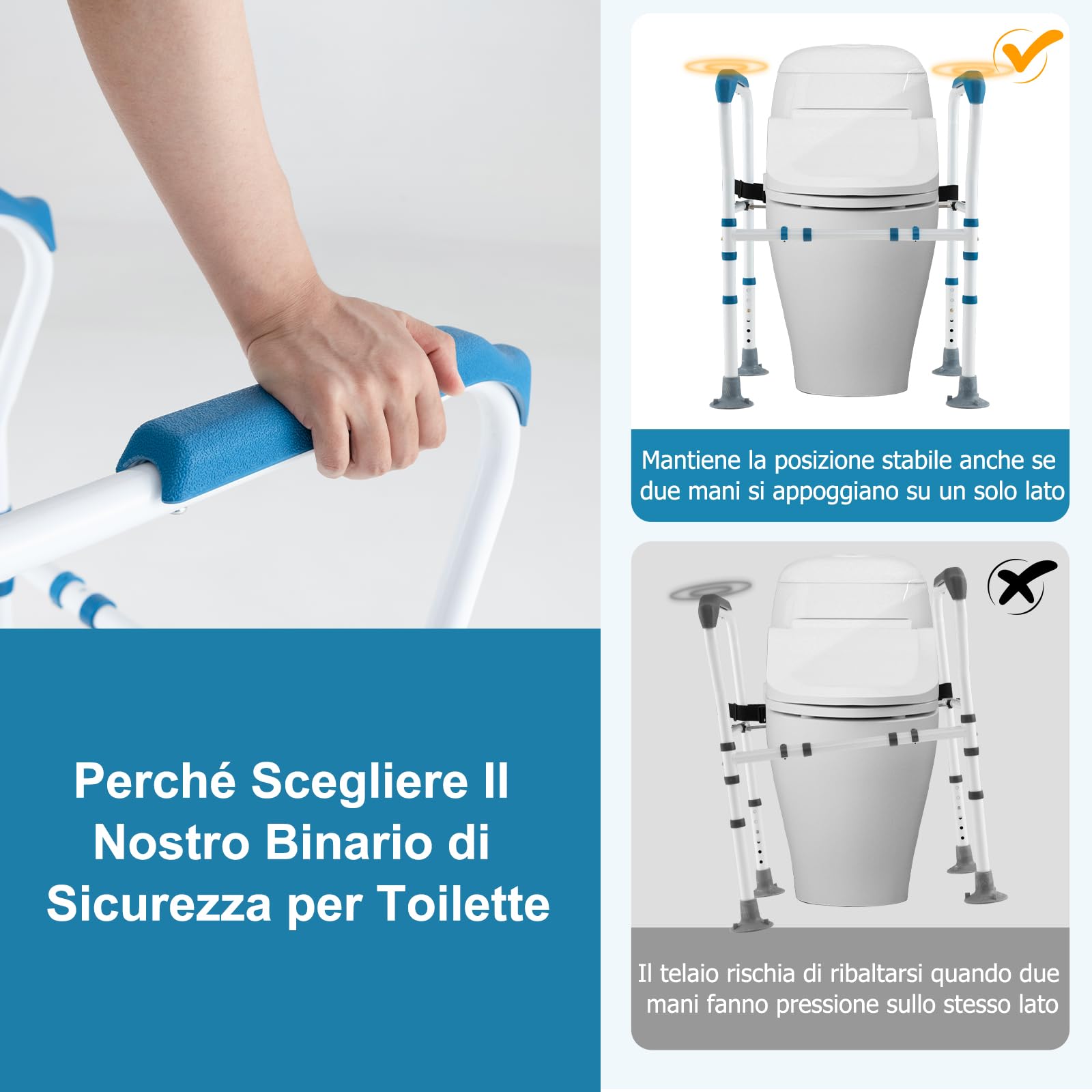 COSTWAY Supporto di Sicurezza Telaio Autonomo per WC, Supporto per WC Regolabile in Altezza e Larghezza con Cinghia di Fissaggio, Con Ventose Antiscivolo (Blu)