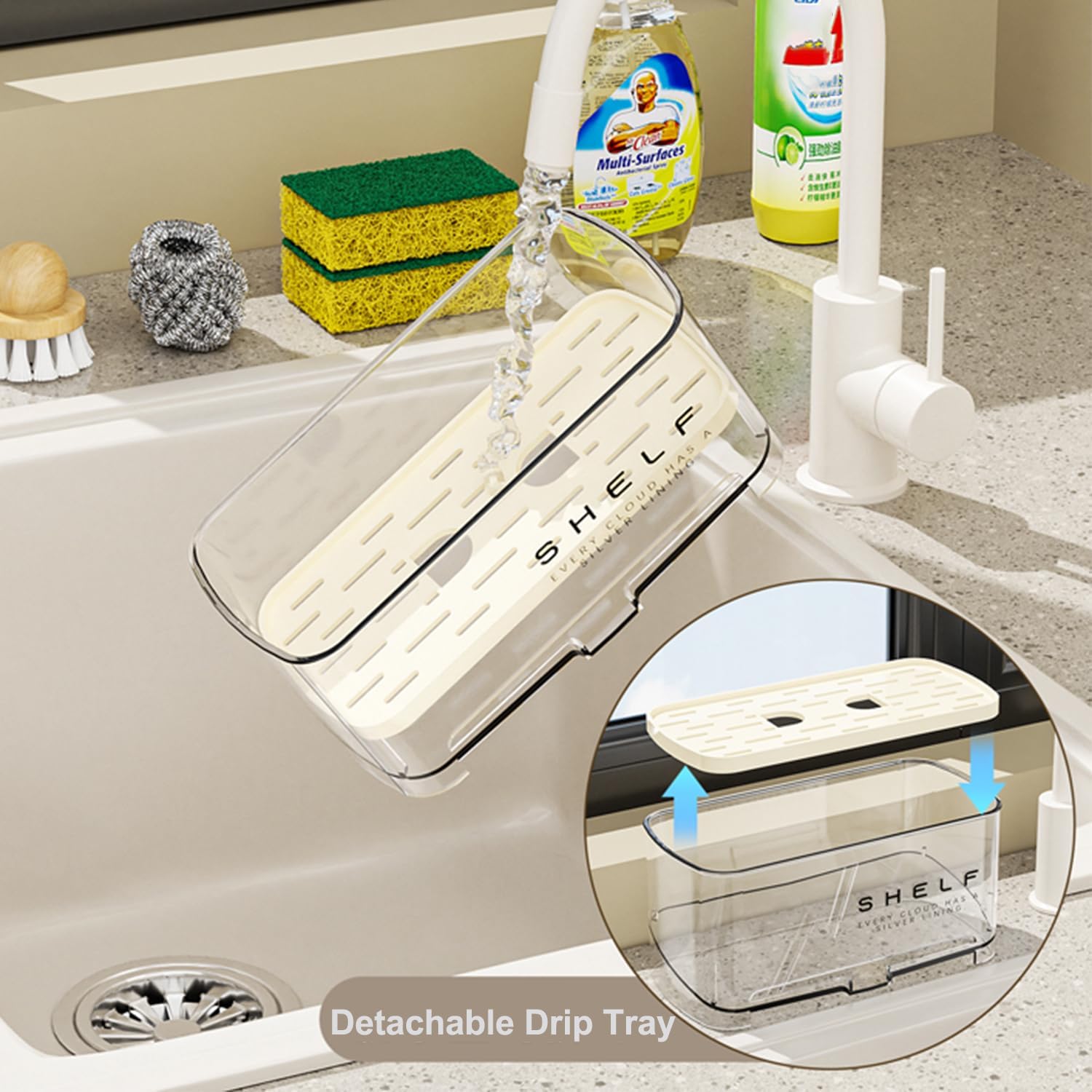 Sponge Holder for Kitchen Sink, Clear Acrylic Sink Organizer with Auto-Draining Tray, Countertop Sink Caddy for Sponges, Soap, Brush & Cleaning Tools - Image 4