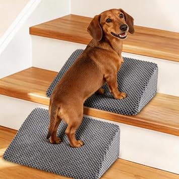 Dog Ramp for Stairs with Non-Slip Bump for Small & Senior Dogs and Cats Stair Wedges for Dogs with Gentle Slope, Pet Ramp with Washable Cover & Self-Sticky Pads for Safe Climbing Gray, 2 Pack