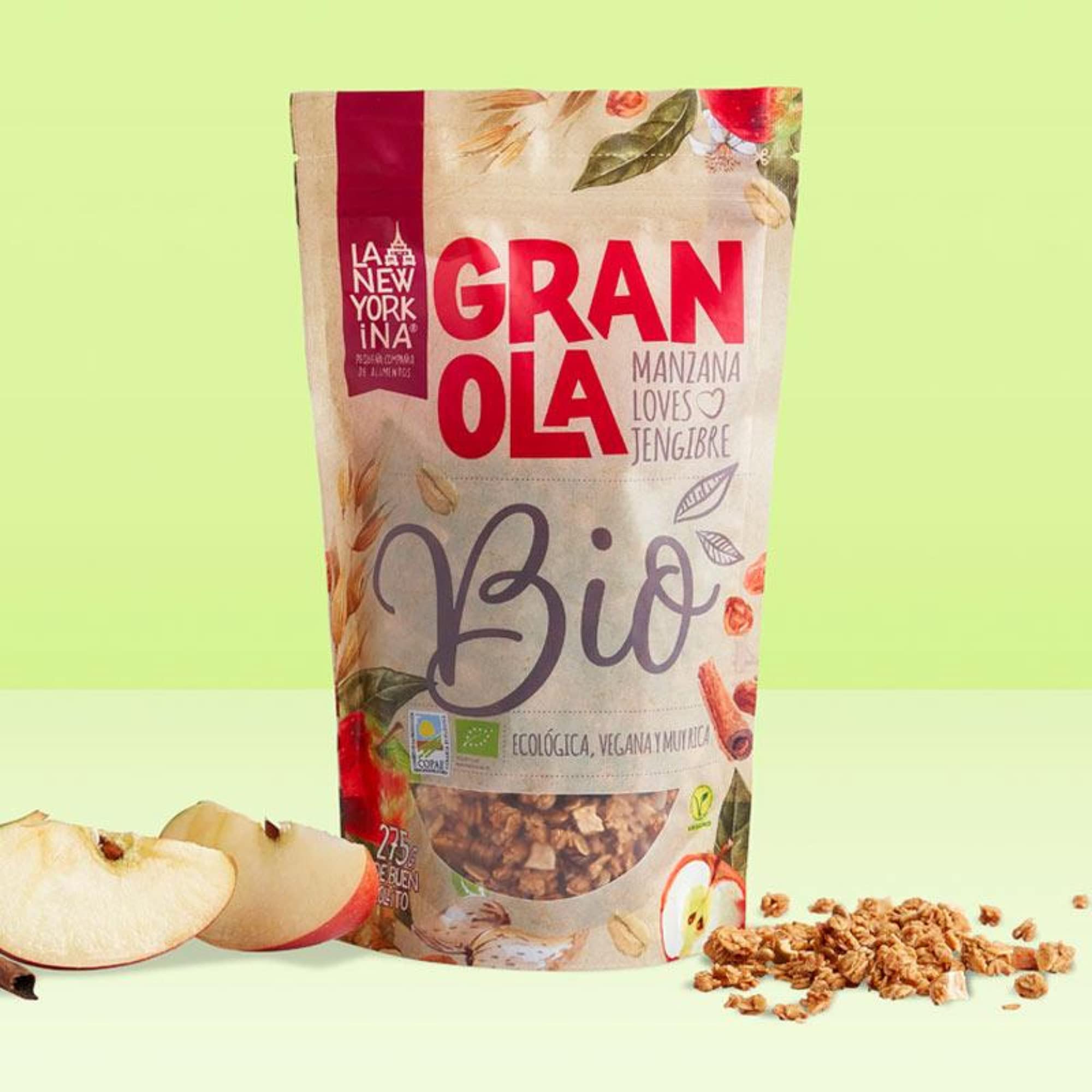 La Newyorkina Granola BIO Manzana Loves Jengibre 275g Con Chips Crujientes de Manzana y Aceite de Oliva Virgen Extra