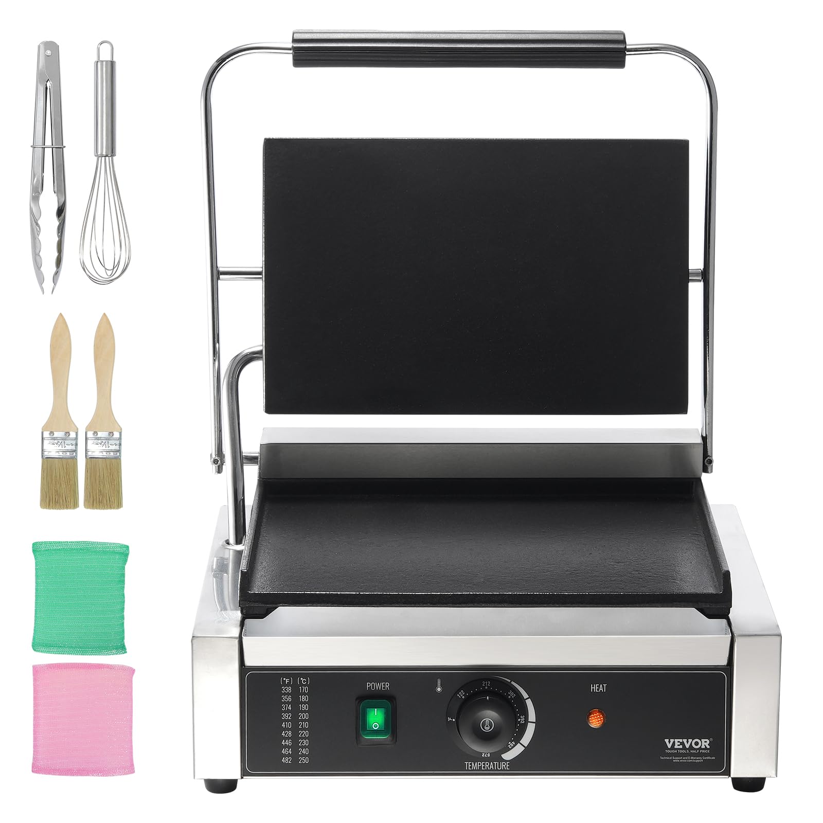 VEVOR Griglia per Panini Commerciale, 2200 W Pressa per Sandwich in Acciaio Inox, Griglia per Panini con Controllo della Temperatura, Piastra Smaltata Completa da 345 x 230 mm per Bistecca, Pancetta