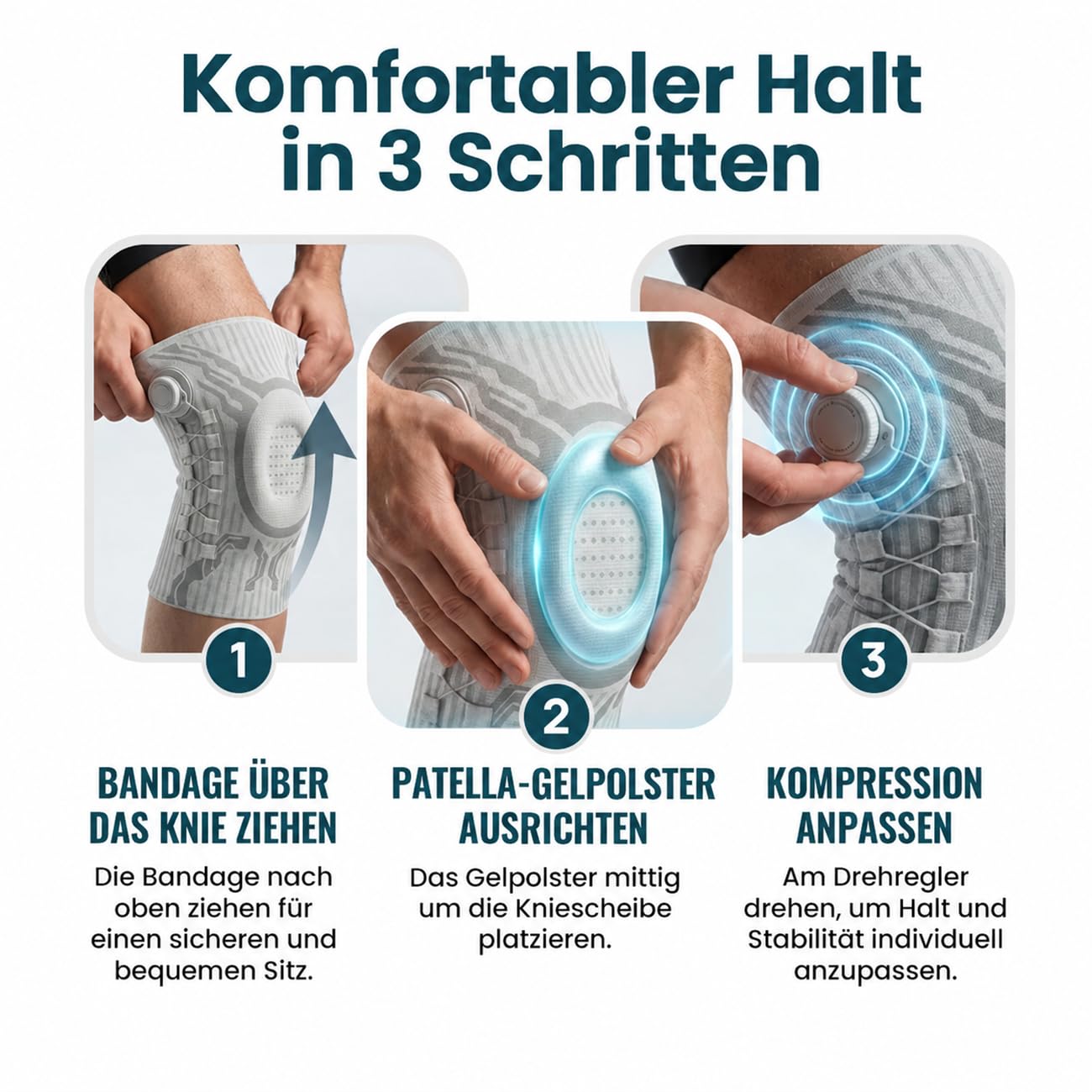 Verstellbare Kniebandage für Damen & Herren – Kompressionsstütze mit seitlichen Stabilisatoren & Patella-Gel-Pad, Atmungsaktive Knieorthese für Sport, Meniskus, Arthritis & Gelenkschmerzen