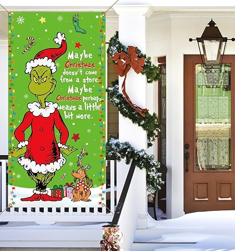 Miniatura 4 de Sunwer Grinchmas - Cubierta de puerta Whoville para decoración de fiesta de invierno, decoración de porche frontal, telón de fondo para decoración