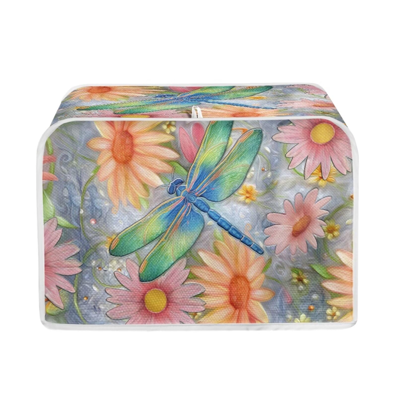 Talayituse Dragonfly Daisy Flower Print Toaster Cover 4 Slice Wide Slot, Lightweight Bread Maker Cover Dust Protection Washable Appliance Bag, M