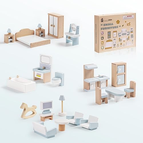 ROBOTIME Juego de muebles de madera para casa de muñecas, 23 piezas de accesorios y muebles para casa de muñecas, juguetes de juguete, regalo para