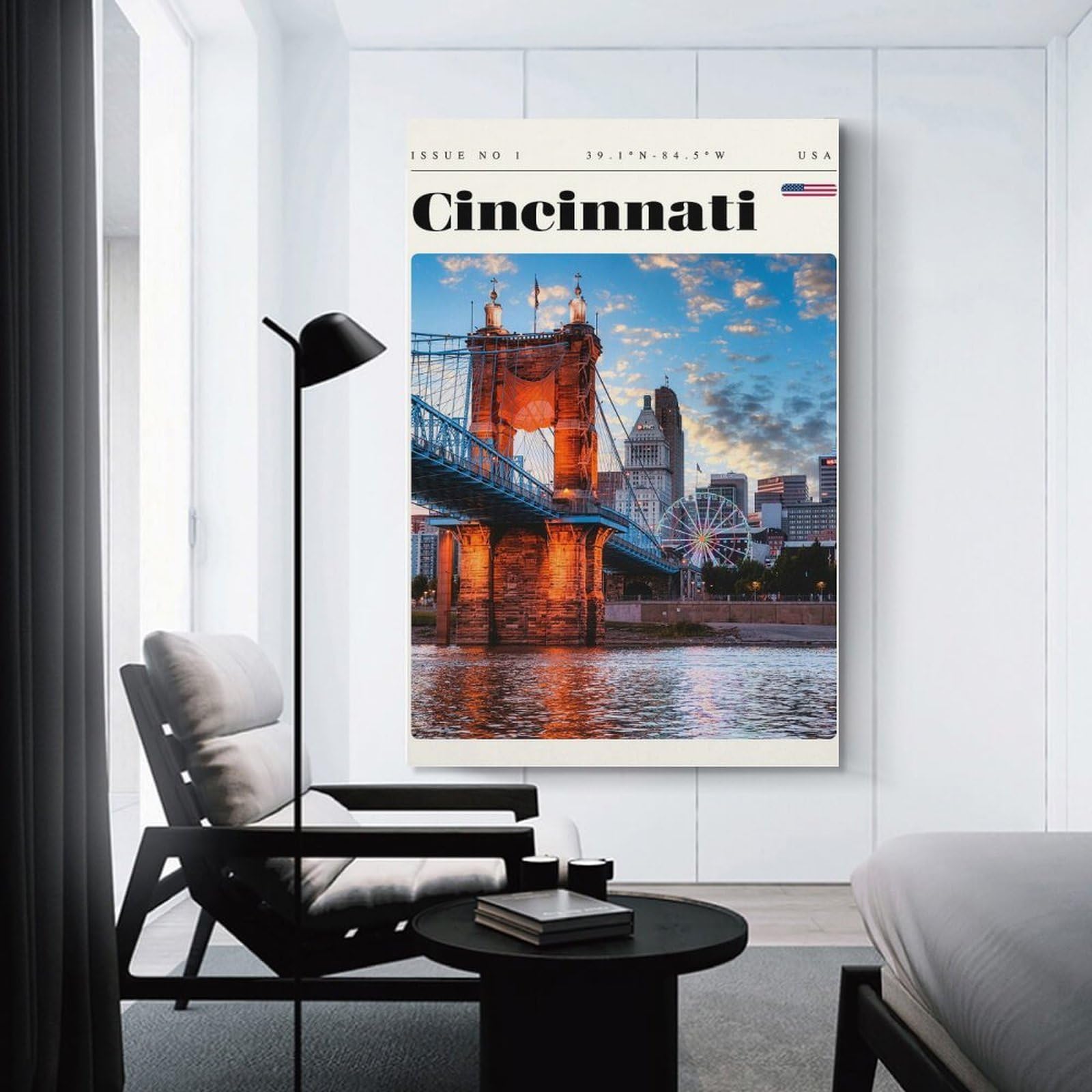 Junmoney Cincinnati Ohio Skyline Bridge Travel Art Canvas Wall Picture 20x30inch(50x75cm), for Study, Office Or Focused Interiors, Home Office Artwork with Decorative Appeal