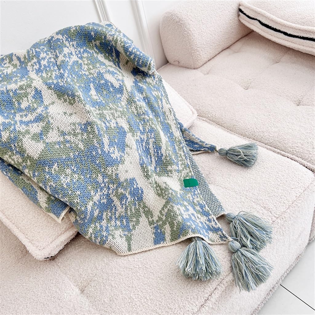 Couverture de sieste respirante en tricot bohème bleu lit