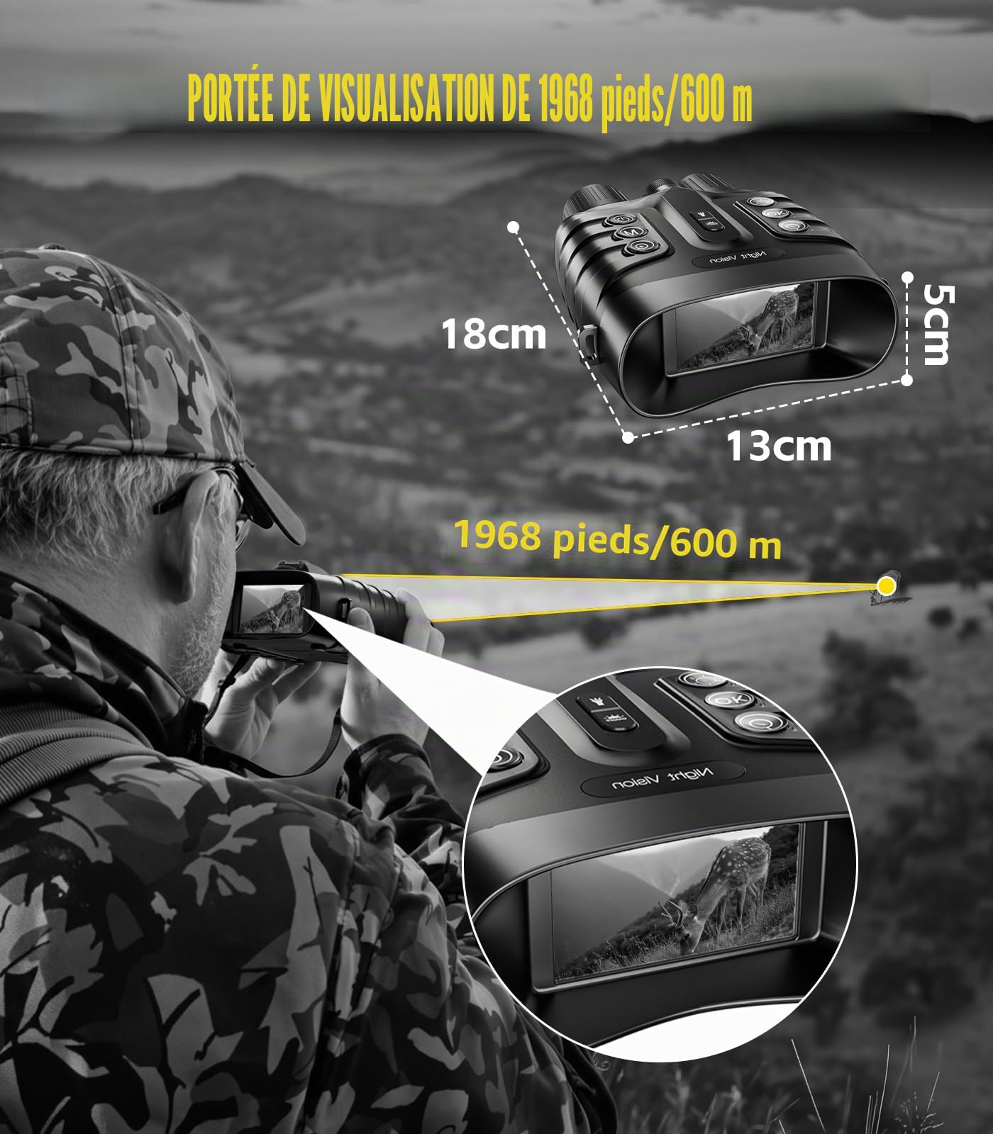 Jumelle Vision Nocturne 4K 48MP, 10 000 mAh Rechargeable, f/1.4 Grande Ouverture Jumelles Infrarouge, Portée de Vision 600M, 3" HD Écran, Zoom Numérique 8X avec Carte TF 32 Go