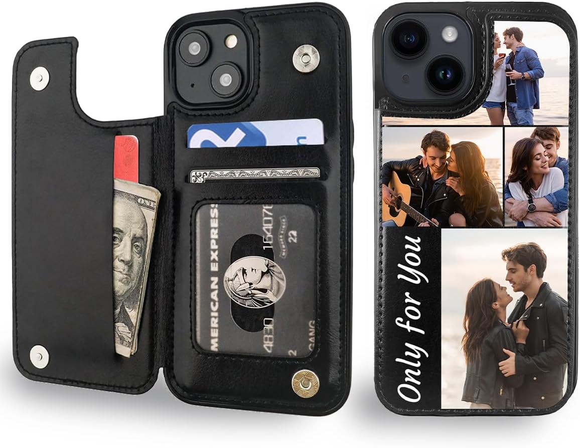 Personalized Custom Phone Case for iPhone 17 Air Pro Max 16 15 14 13 12 11 Mini XR XS X 7 8 Plus SE 2020 2022 with Photo Picture Text Logo Wallet Case with Card Holder & Slots Leather Kickstand Black
