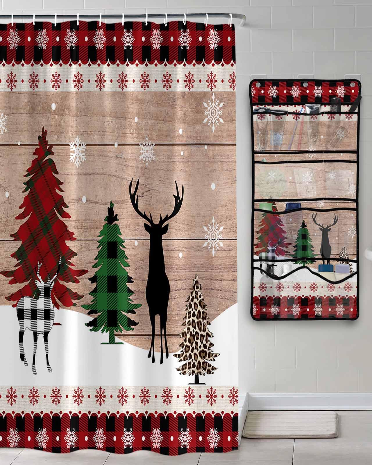 Shower Curtain Mesh Shower Organizer Hanging Set Christmas Red Black Plaid Reindeer Xmas Tree Wood Grain Waterproof Shower