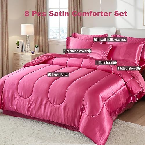 Miniatura 2 de Bedding_Dreamer Juego de edredón de satén con juego de sábanas, cama Queen de color rosa intenso similar a la seda, ropa de cama en una bolsa, 8