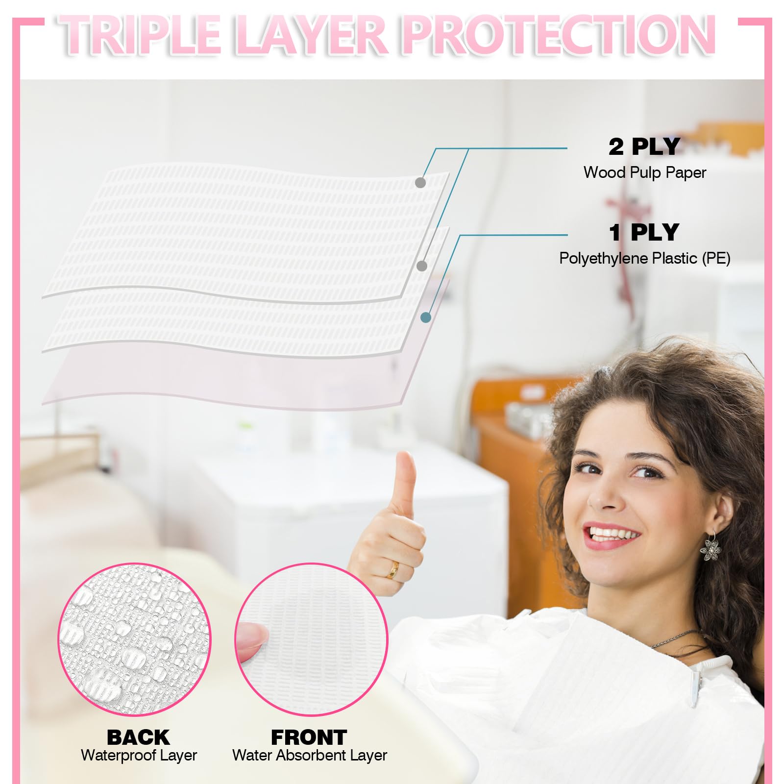 Baberos dentales para pacientes, desechables, impermeables, de papel, 50 unidades, 33 x 45,7 cm, 3 capas, baberos de tatuaje, hojas de dentista, servilletas, papel de uñas, para dentista