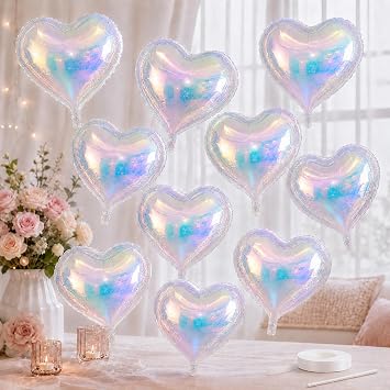 Iridescent Heart Balloons, 10 Pcs 18 Inch Holographic Foil Balloons