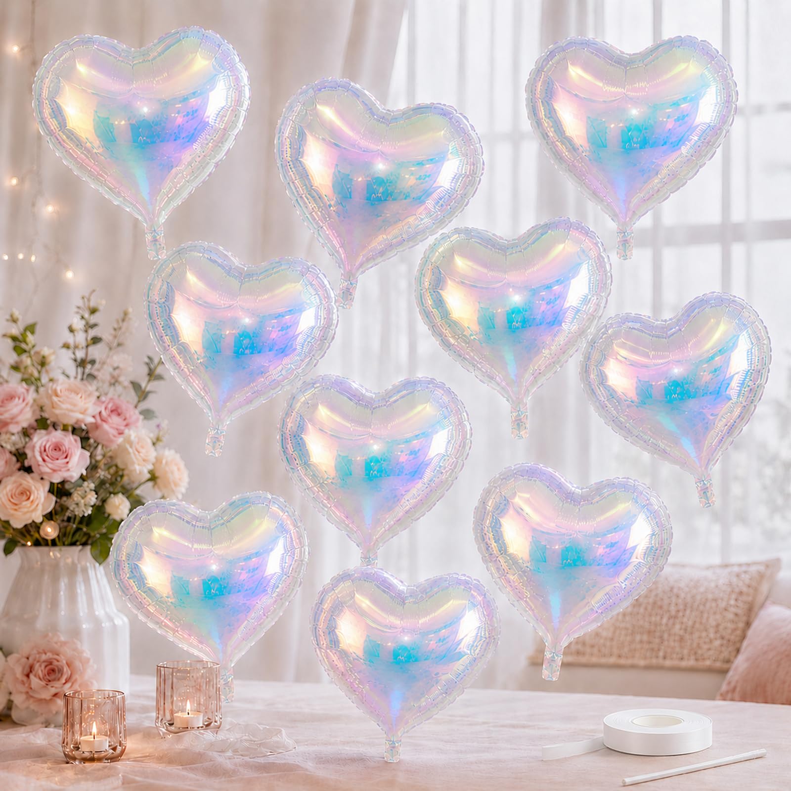 Iridescent Heart Balloons, 10 Pcs 18 Inch Transparent Holographic Foil Balloons for Birthday Baby Shower Wedding Mermaid Rainbow Valentine Decorations