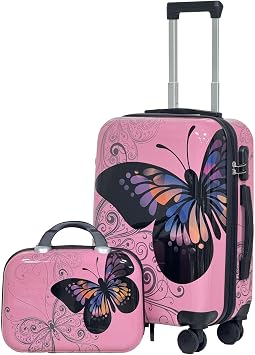 2-Piece Pink Butterfly Print Luggage Set 20" Carry-On + 14" Handbag, Hard Shell ABS+PC Suitcase with 360 Spinner Wheels & Combination Lock Pink Butterfly