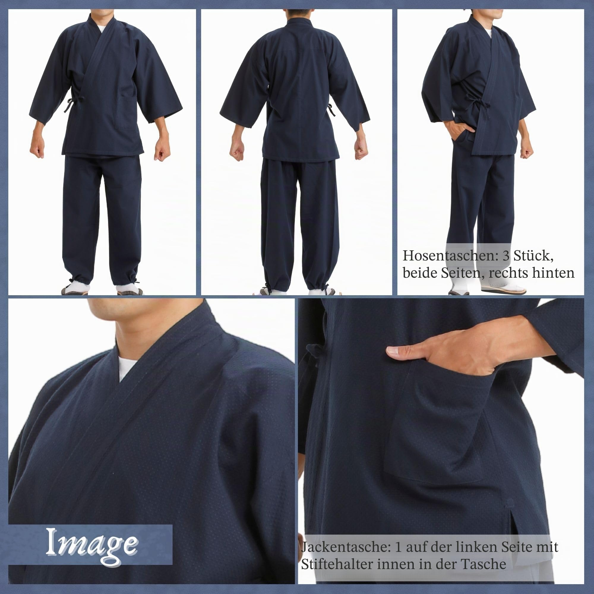 Edoten Herren Japan Kimono Steppkleidung Sashiko Samue, dunkel, marineblau, Large