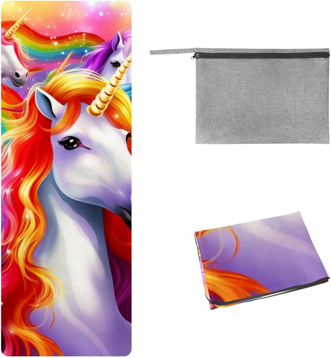 Yoga Towel, Rainbow Unicorn Pattern Non Slip Sweat Absorbent Hot Yoga Mat Towel for Hot Yoga, Pilates and Fitness - 72.8" x 26.8"