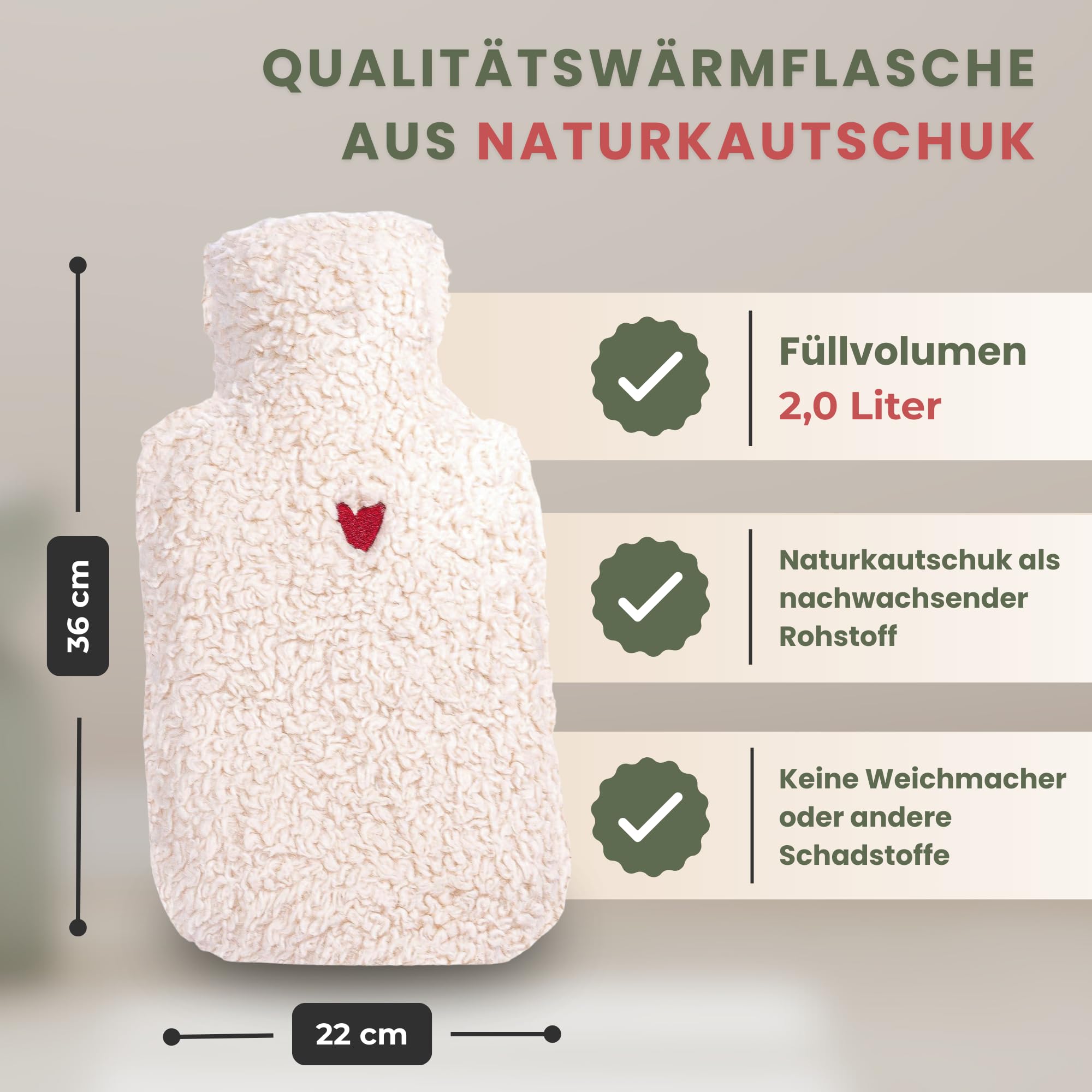 kontor28 - Morbida borsa dell'acqua calda TEDDY con rivestimento in 100% cotone biologico, realizzata a mano in Germania, a prova di perdite, inodore e analgesico per bambini/adulti – 2,0 litri