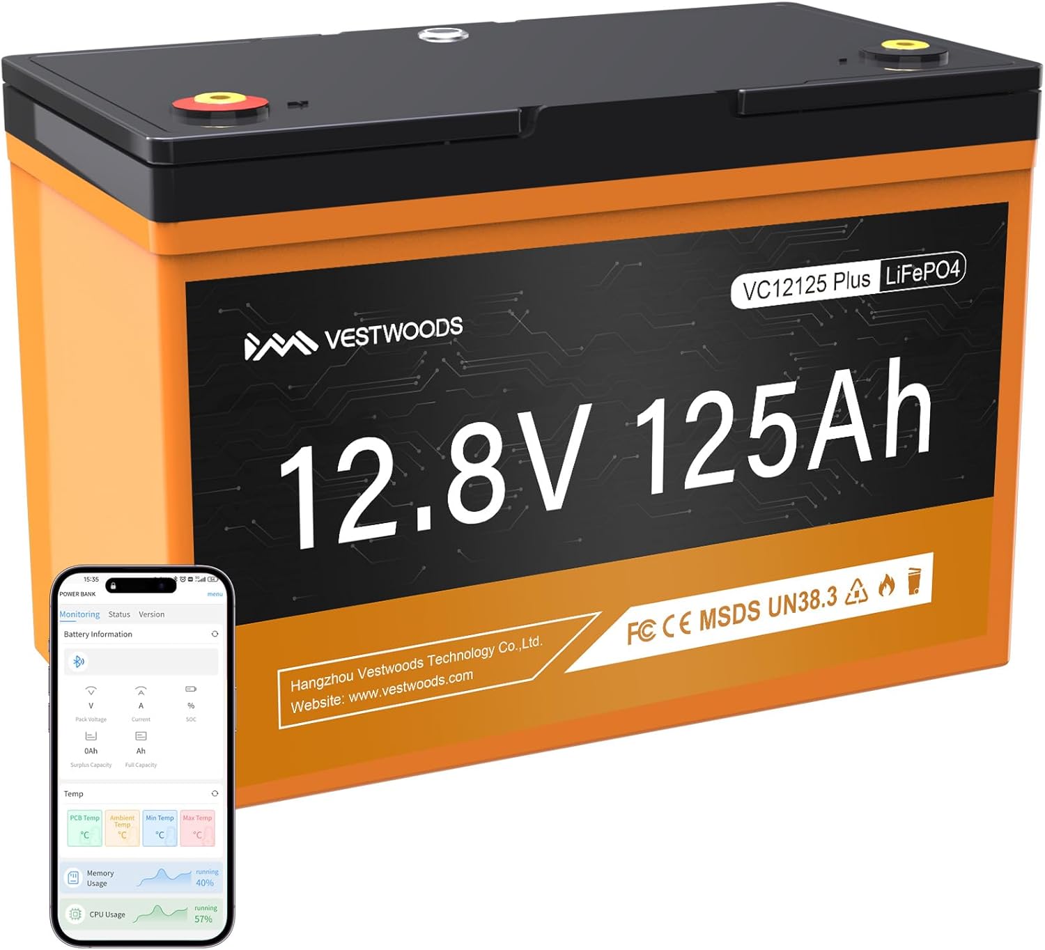 Vestwoods 125Ah 12V LiFePO4 Trolling Motor Battery, Bluetooth Group 27 Deep Cycle Lithium TM Battery with 100A BMS 1280W Low Temp Protection for Camper, Marine, Yacht, Solar System, RVs