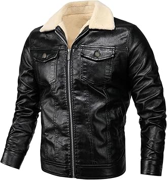 Men Sherpa Lined Faux Leather Jacket Winter Fleece Lapel Motorcycle Coat Vintage Fur Collar Jacket Leather Jacket Black,Large