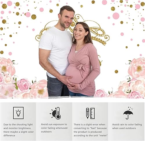 Miniatura 6 de YongFoto Telón de fondo para baby shower con corona dorada de 7 x 5 pies para fotografía floral rosa con texto en inglés "A Little Princess is On