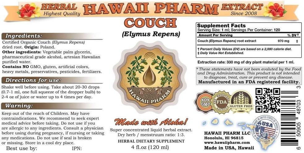 Hawaii Pharm Couch Liquid Extract, Couch (Elymus Repens) Tincture Supplement 32 oz Unfiltered