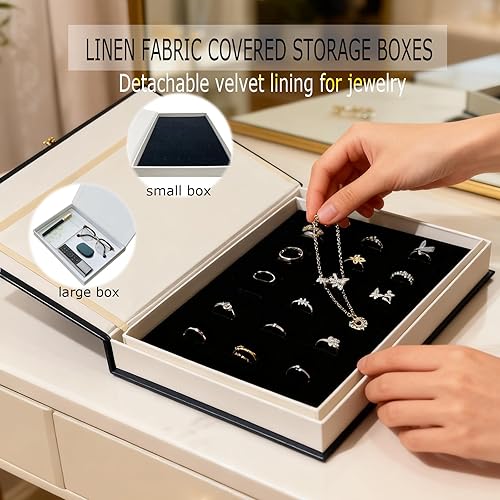 Miniatura 3 de Libros decorativos para decoración del hogar, decoración de libros de mesa auxiliar, 2 cajas decorativas de lino, libro estético falsofalso para el