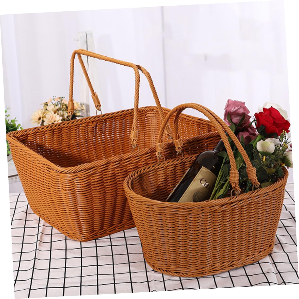 1pc Simulated Rattan Woven Basket for Storage Light Brown for Flowers Vegetables Picnic Essentials Portable Decorative Basket for Home Use