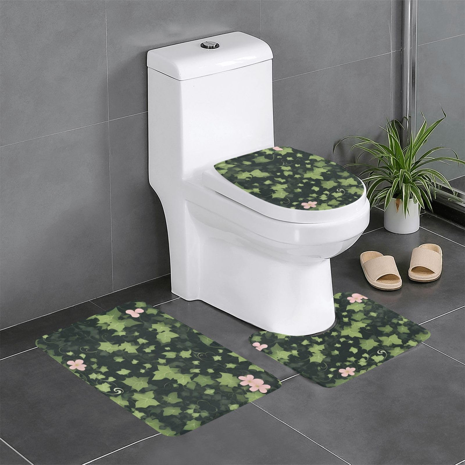 Tapis de salle de bain motif floral lierre - Ensemble 3 pièces premium