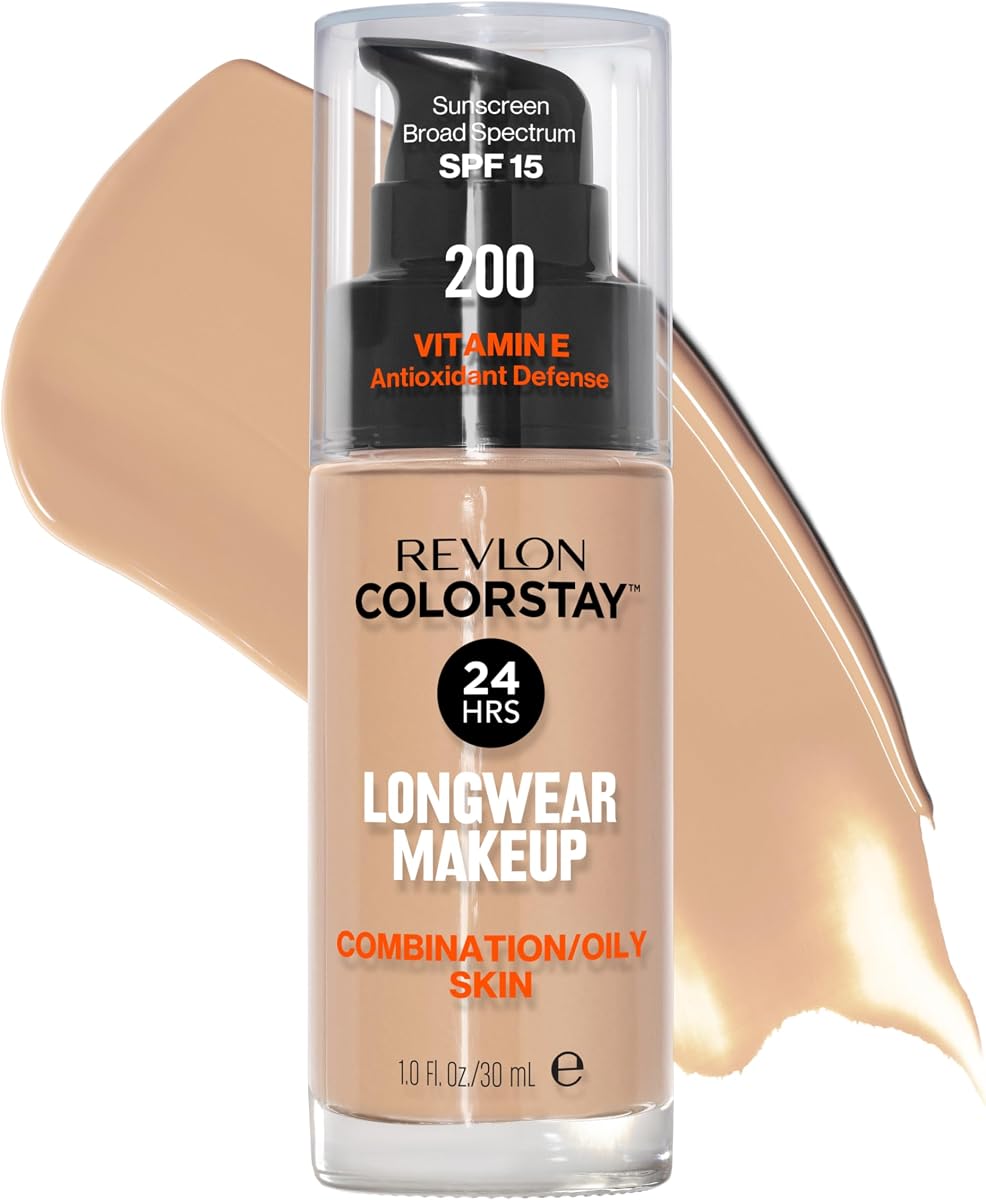 Colorstay Longwear Maquillaje combinado/graso, 200 desnudo, 1 fl oz | Base de maquillaje de larga duración para pieles mixtas y grasas con SPF 15. Cobertura media-completa, acabado mate. Hasta 24 horas de uso.