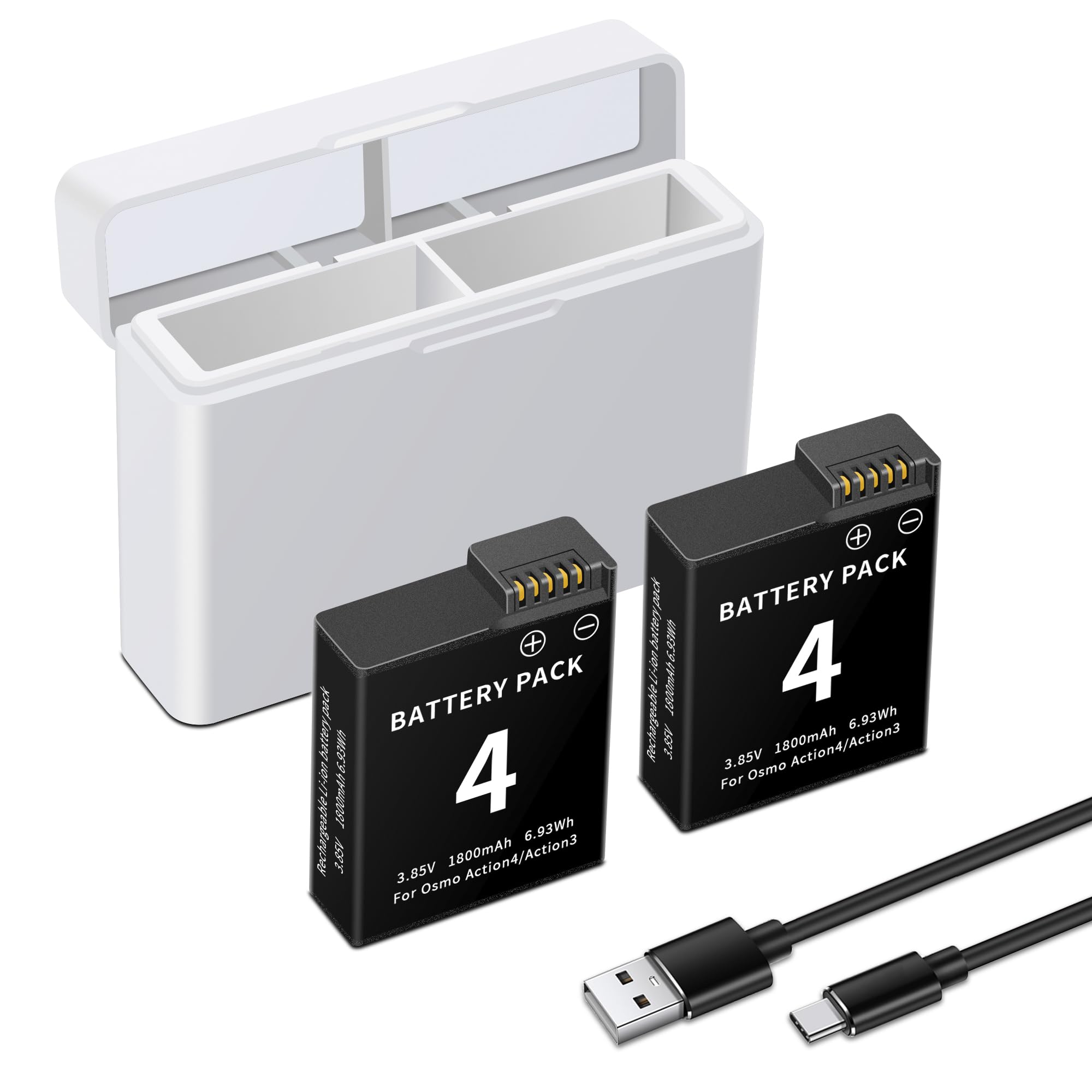 2-Pack Battery Replacement Compatible for DJI Osmo Action 4, Osmo Action 3 Camera Model, 3.85V 1850mAh/7.12Wh Rechargeable Cameras Battery with Dual