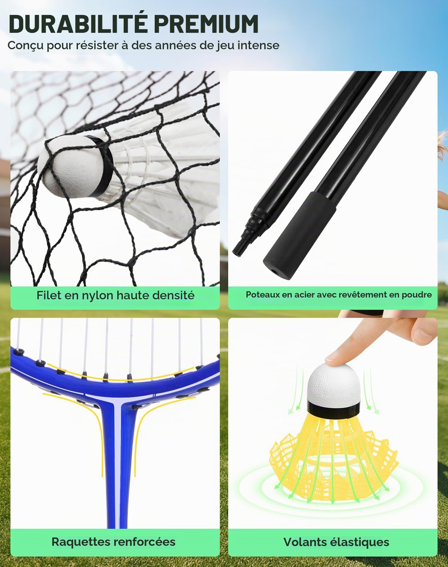 BAGAIL Ensemble de Filet de Badminton Portable - Sac de Rangement - Base Autonome - Installation Rapide - Filet de Badminton avec 4 Raquettes, 4 Volants pour Les Jeux en intérieur et en extérieur