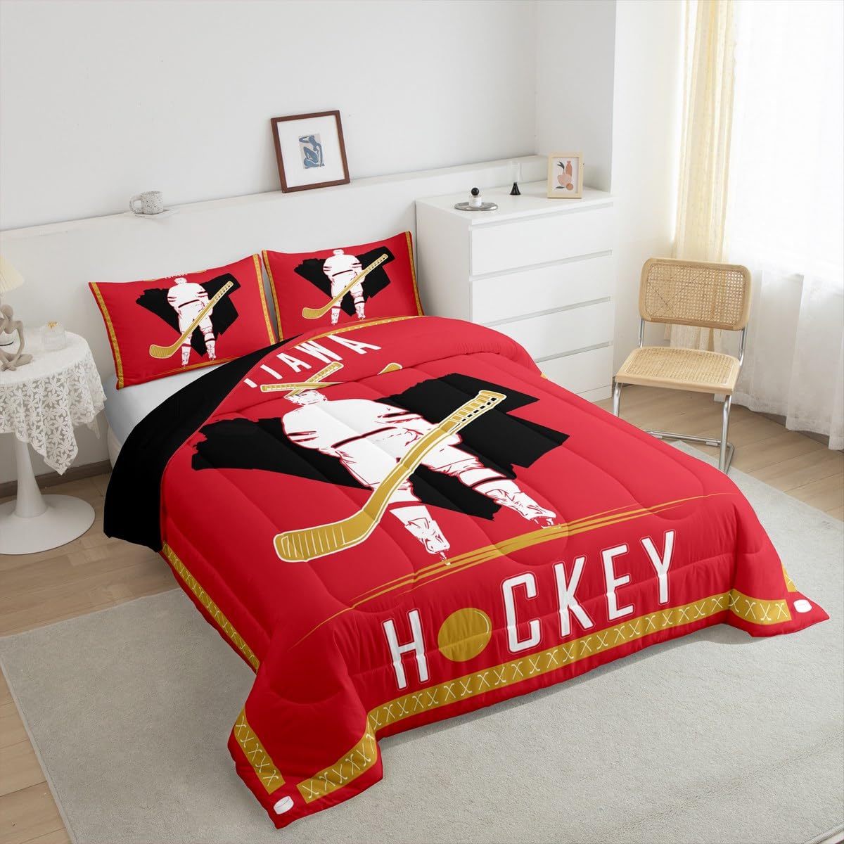 Loussiesd Hokej na lodzie zestaw pościeli hokej na lodzie miasto kołdra zestaw podwójny rozmiar prezenty dla mężczyzn kobiet chłopca lacrosse sporty zimowe kołdra nowoczesna moda sypialnia wystrój