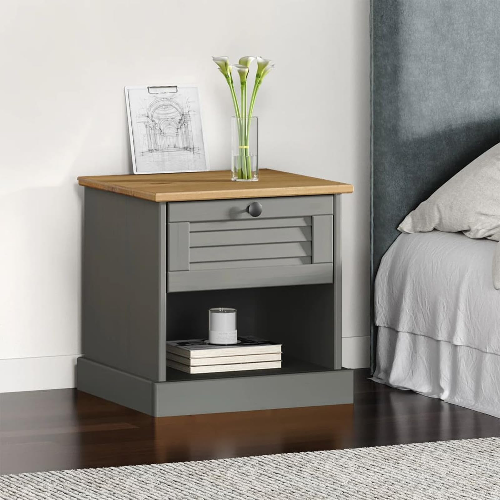Homgoday Comodino Vigo Grigio 42x35x42 cm in Legno Massello di Pino, Credenza Armadio, Armadietto da Pavimento Mobili,Comodino Camera da Letto, Comodino Credenza per Camera da Letto Model353156