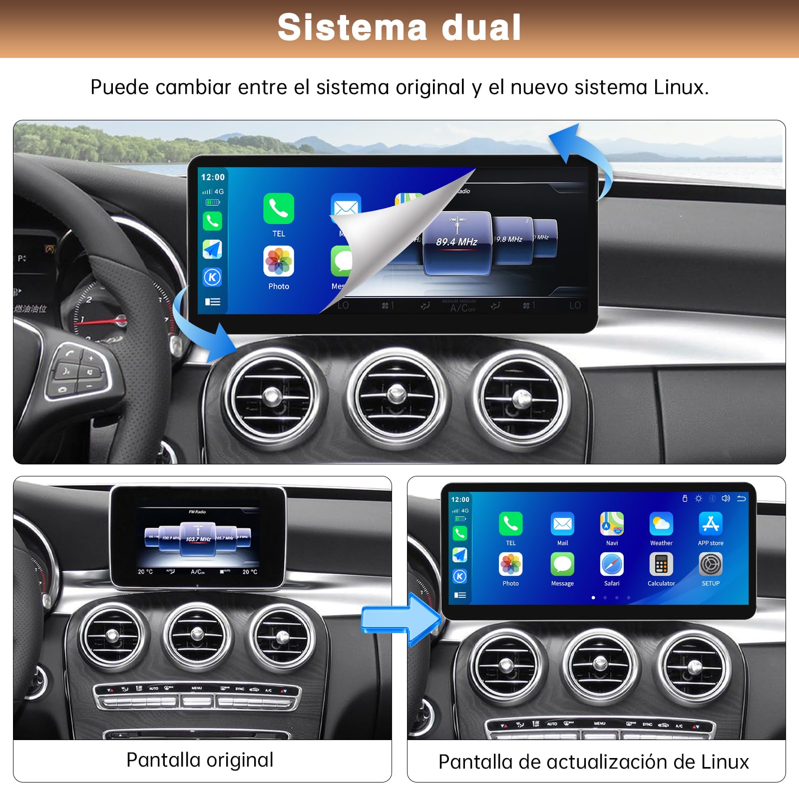 Pantalla táctil inalámbrica Carplay/Android de 12,3" para Mercedes-Benz C GLC V Clase W205 W447 2015-2019 NTG5.0 Receptor de Audio Multimedia estéreo para Coche