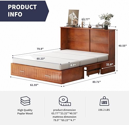 Miniatura 2 de ZAFLY Murphy - Cama Queen con colchón de espuma plegable, cama de pecho Murphy con estación de carga y cajones grandes, cama Murphy que ahorra