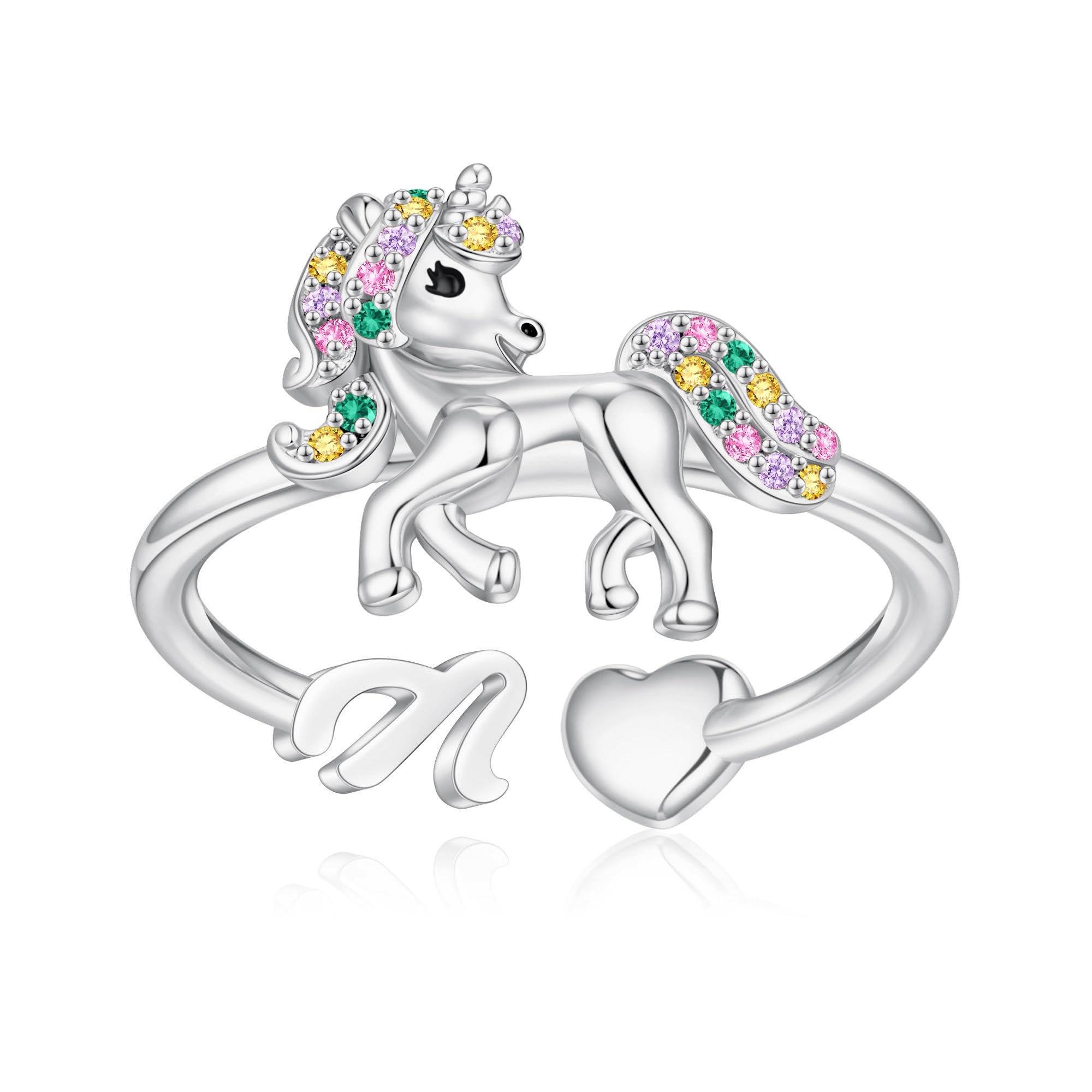 Unicorn Initial Rings for Teen Girls, Rose Gold/White Gold Plated Heart Initial Rings for Girls Adjustable Stackable Rings for Women Diny Heart Ring for Teen Girls Gifts Unicorns Gifts for Girls
