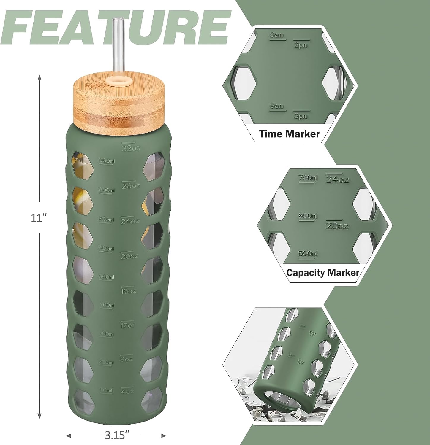 MUKOKO Glass Water Bottles, 32oz Glass Tumbler with Straw, Drinking Bottles with 2 Lids-Handle Spout Lid&Bamboo Straw Lid, Motivational Water Bottle with Time Marker and Silicone Sleeve, 1 Pack-Olive - Image 3