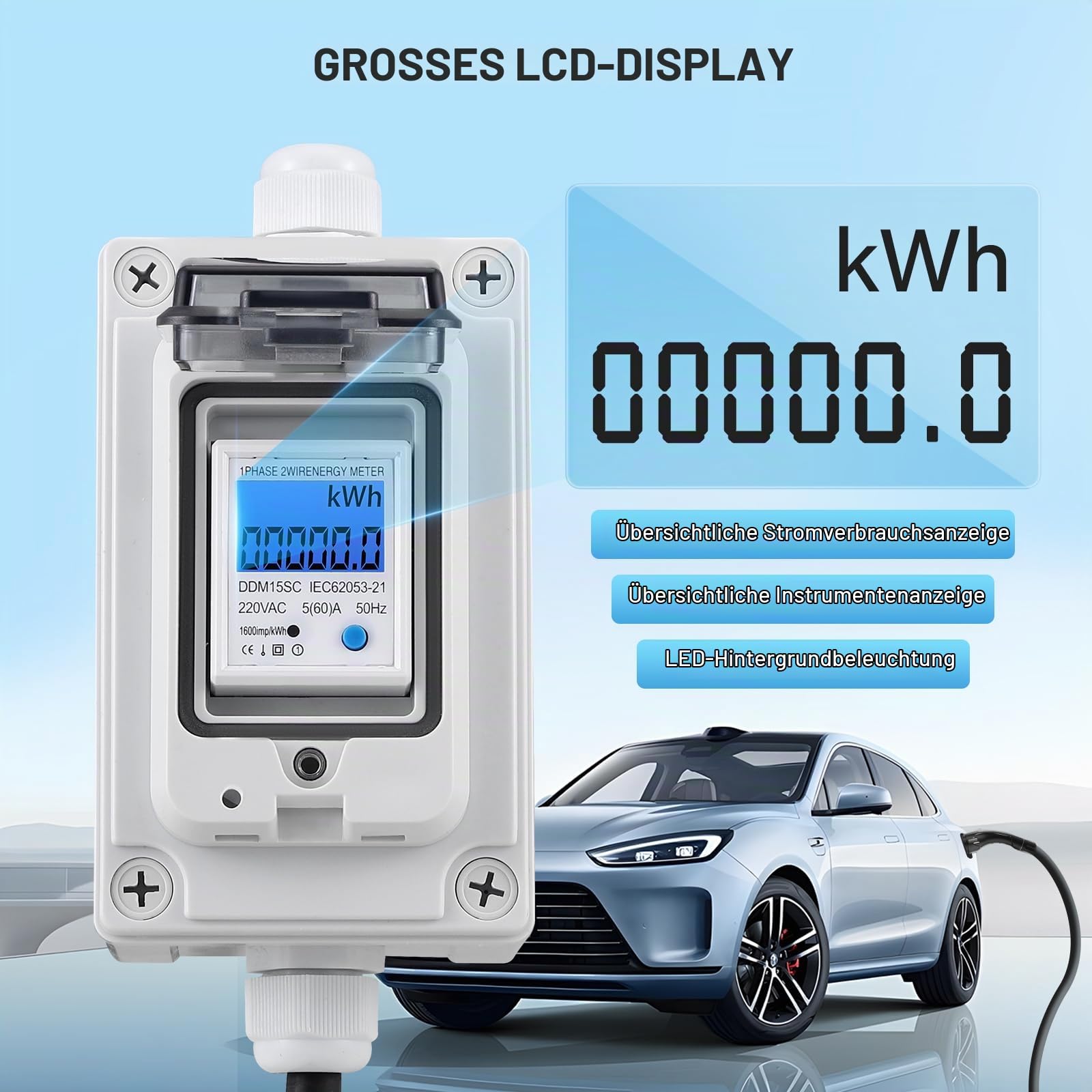 Mobiler Digital Stromzähler 230V 16A Stromzähler für Steckdose Outdoor mit IP67 Wasserdicht/LED/Reset, Mobile KWH Stromverbrauchmesser mit Gummischlauchkabel für Wohnmobile Elektrofahrzeuge Haushalte