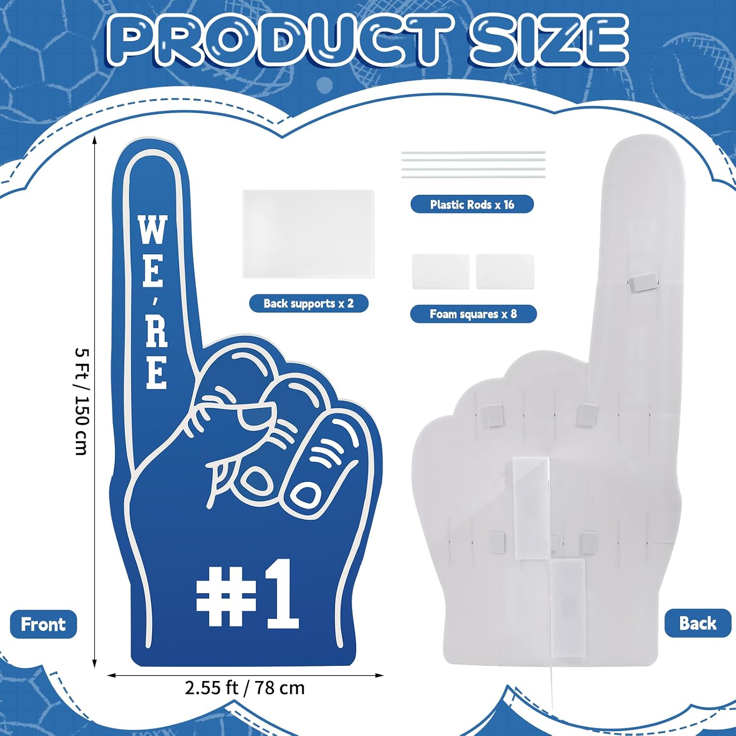 5 Ft Large Blue Finger Cardboard Cutout, Funny Baseball Fan Photo Booth Prop Stand Up For We're #1 Sports Themed Party Decoration for Baseball Hockey Football Basketball Events Team Backdrop