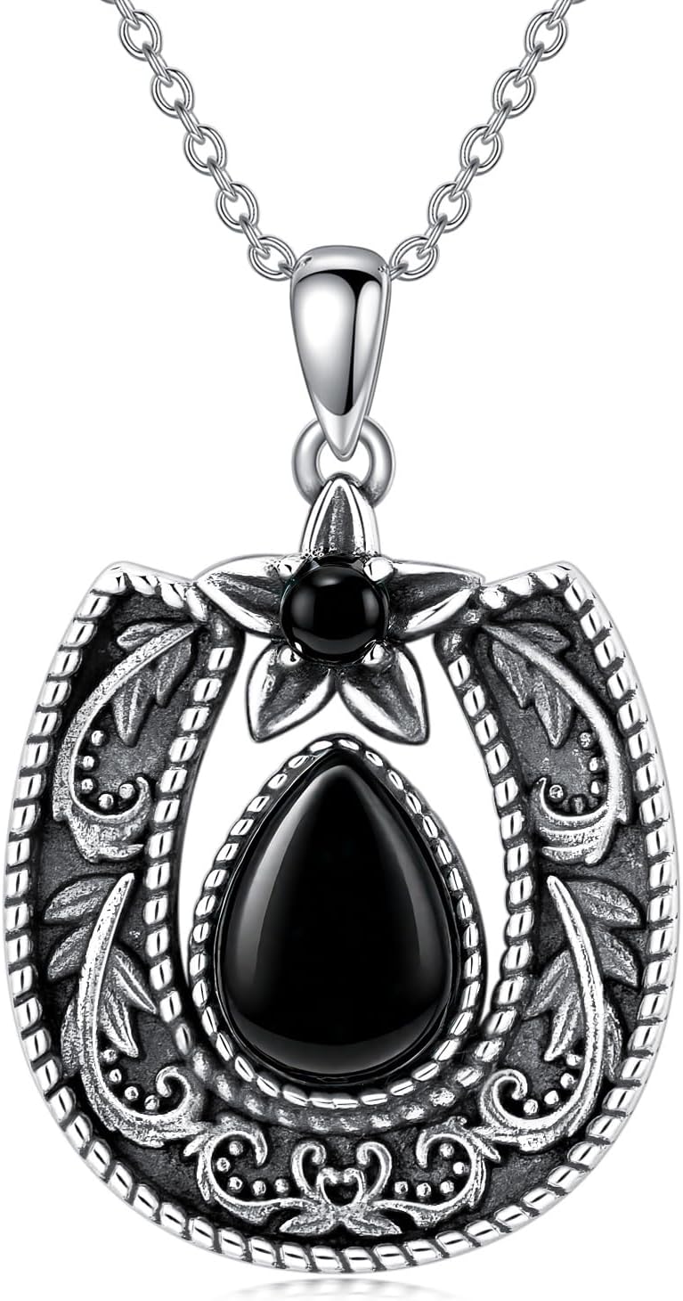 Vintage Horseshoe with Natural Black Onyx Necklace 925 Sterling Silver Retro Western Onyx Horseshoe Necklace with 18+2 inch Chain for Women