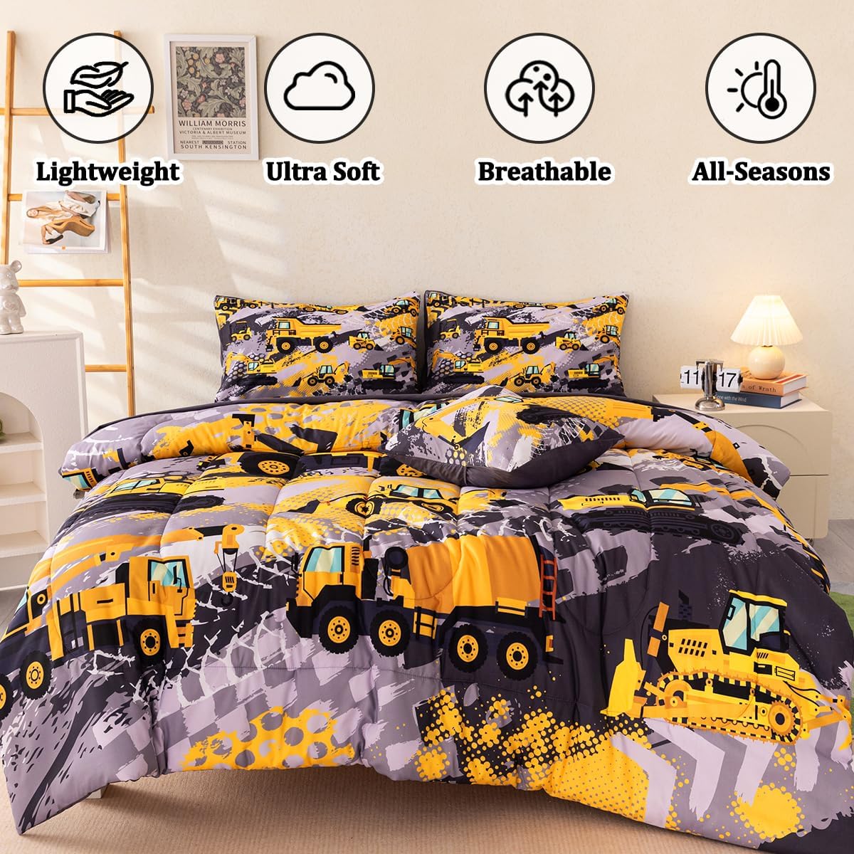 6 Pcs Twin Bedding Set for Boys, Kids Construction Truck Comforter Sets with Sheets, Excavator Truck Twin Boys Bedding Sets - Image 9